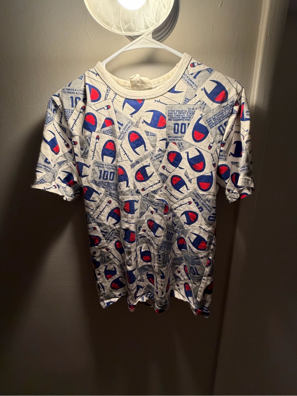 Champion Allover 100- White Graphic Logo Tee - Red & Blue Print
